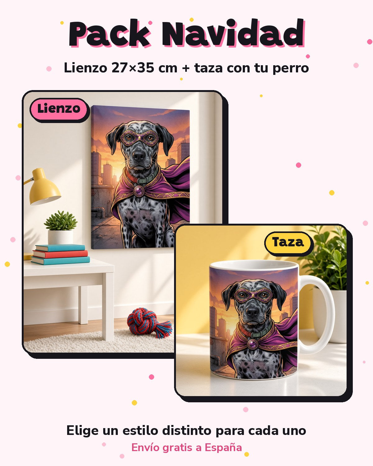 Pack Navidad estilo superhéroe: lienzo 27x35 cm + taza (imagen ilustrativa creada con IA)