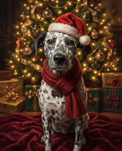 Ejemplo de retrato personalizado estilo Navideño de un perro con gorro de Papá Noel