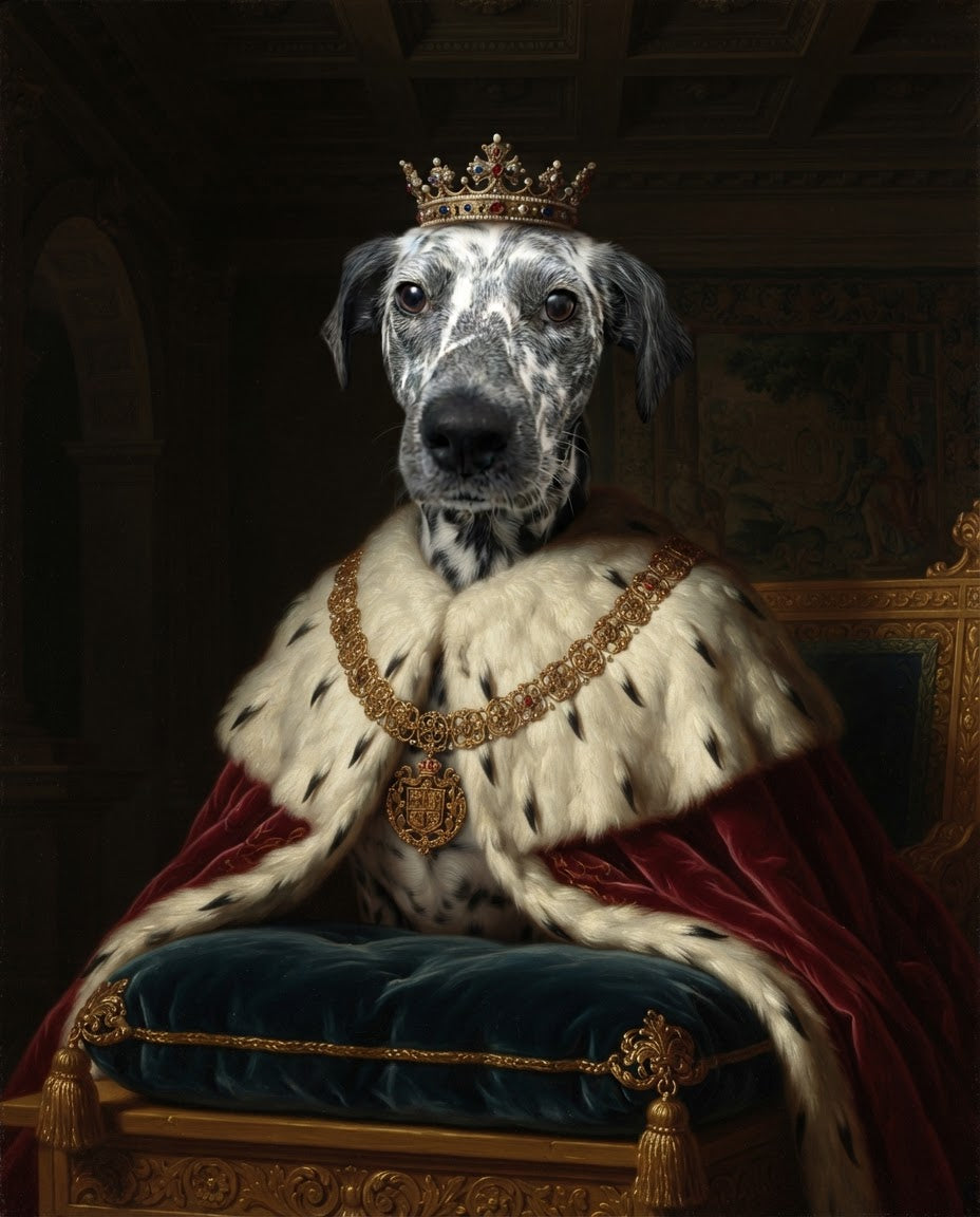 Ejemplo de retrato personalizado estilo Realeza de un perro con capa y corona