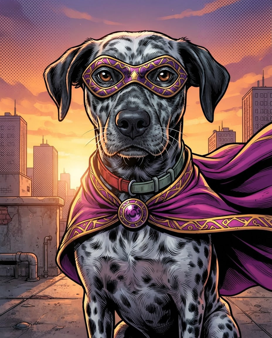 Ejemplo de retrato personalizado estilo Superhéroe de un perro con capa y antifaz
