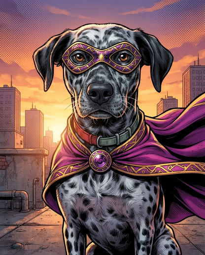 Ejemplo de retrato personalizado estilo Superhéroe de un perro con capa y antifaz