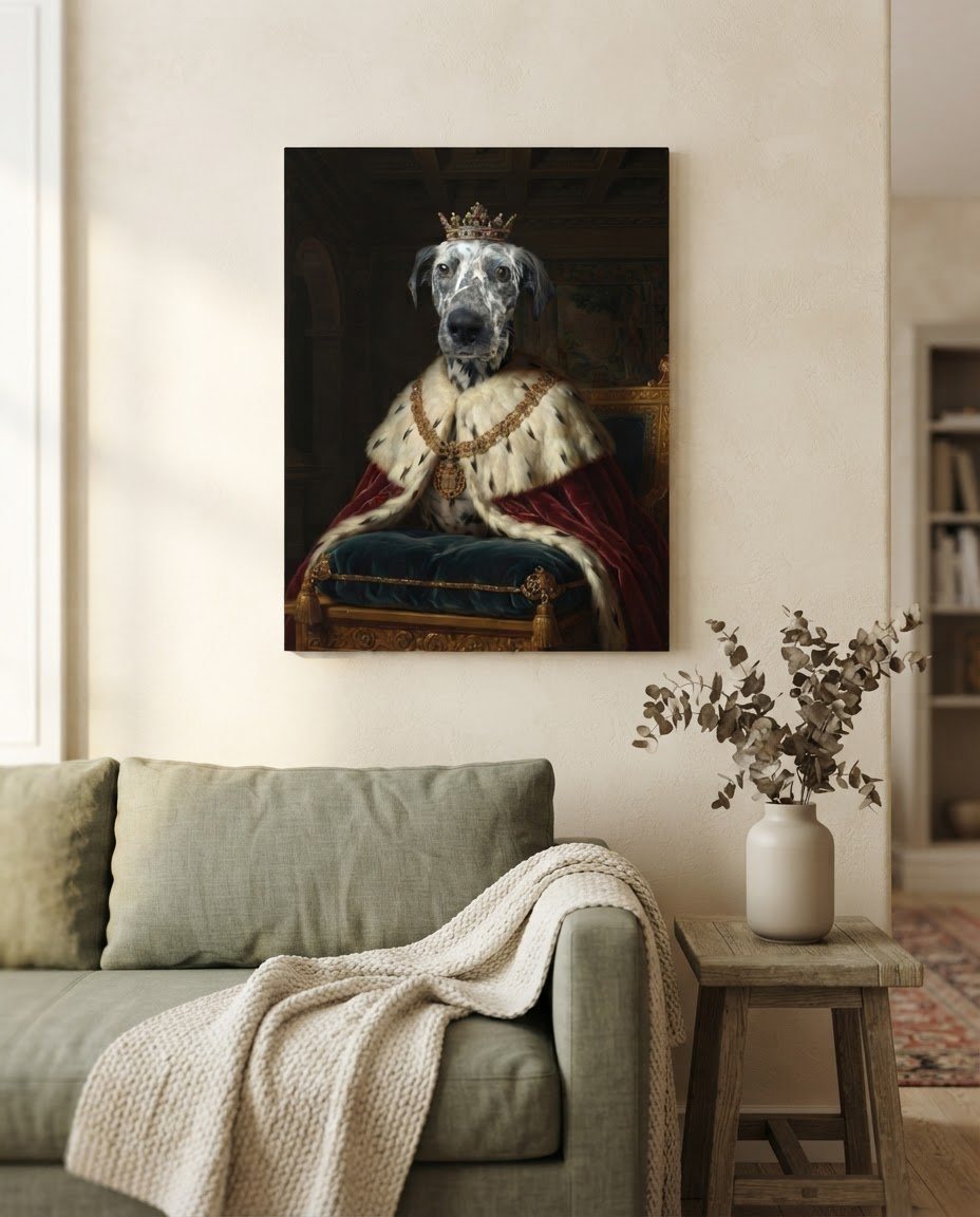 Ejemplo de lienzo 27x35 cm con retrato de realeza en un salón (imagen ilustrativa creada con IA)