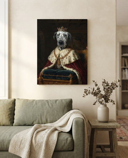 Ejemplo de lienzo 27x35 cm con retrato de realeza en un salón (imagen ilustrativa creada con IA)