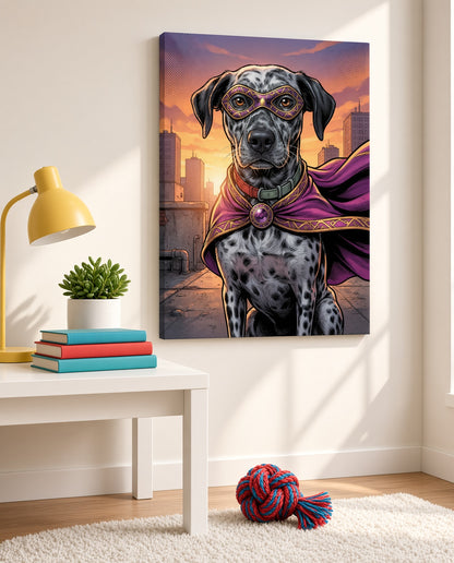 Ejemplo de lienzo con retrato de perro estilo superhéroe (imagen ilustrativa creada con IA)
