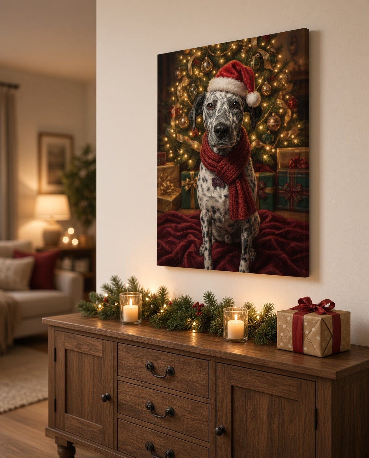 Ejemplo de lienzo con retrato navideño de perro (imagen ilustrativa creada con IA)