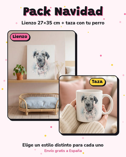 Pack Navidad estilo acuarela: lienzo 27x35 cm + taza (imagen ilustrativa creada con IA)