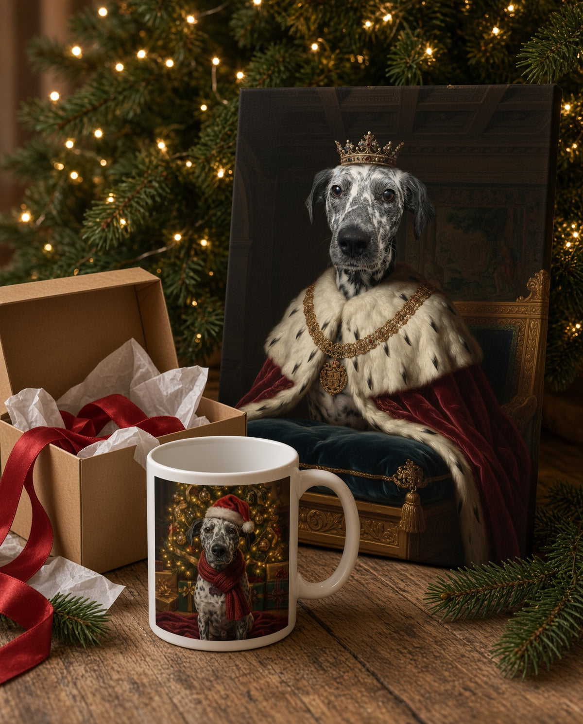 Ejemplo del Pack Navidad: lienzo estilo realeza y taza navideña bajo el árbol (imagen ilustrativa creada con IA)