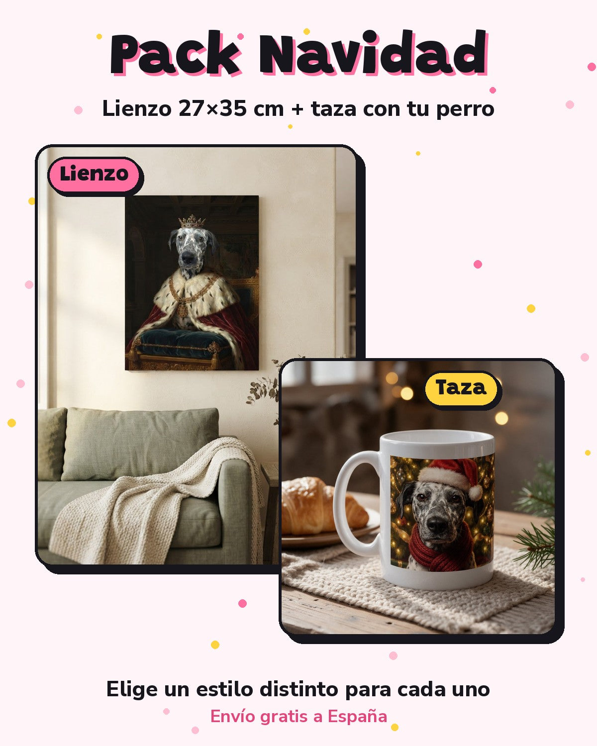 Pack Navidad: lienzo 27x35 cm + taza con el retrato de tu perro