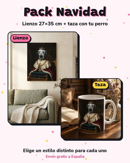 Pack Navidad estilo realeza: lienzo 27x35 cm + taza (imagen ilustrativa creada con IA)