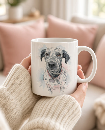 Ejemplo de taza con retrato de perro en acuarela (imagen ilustrativa creada con IA)