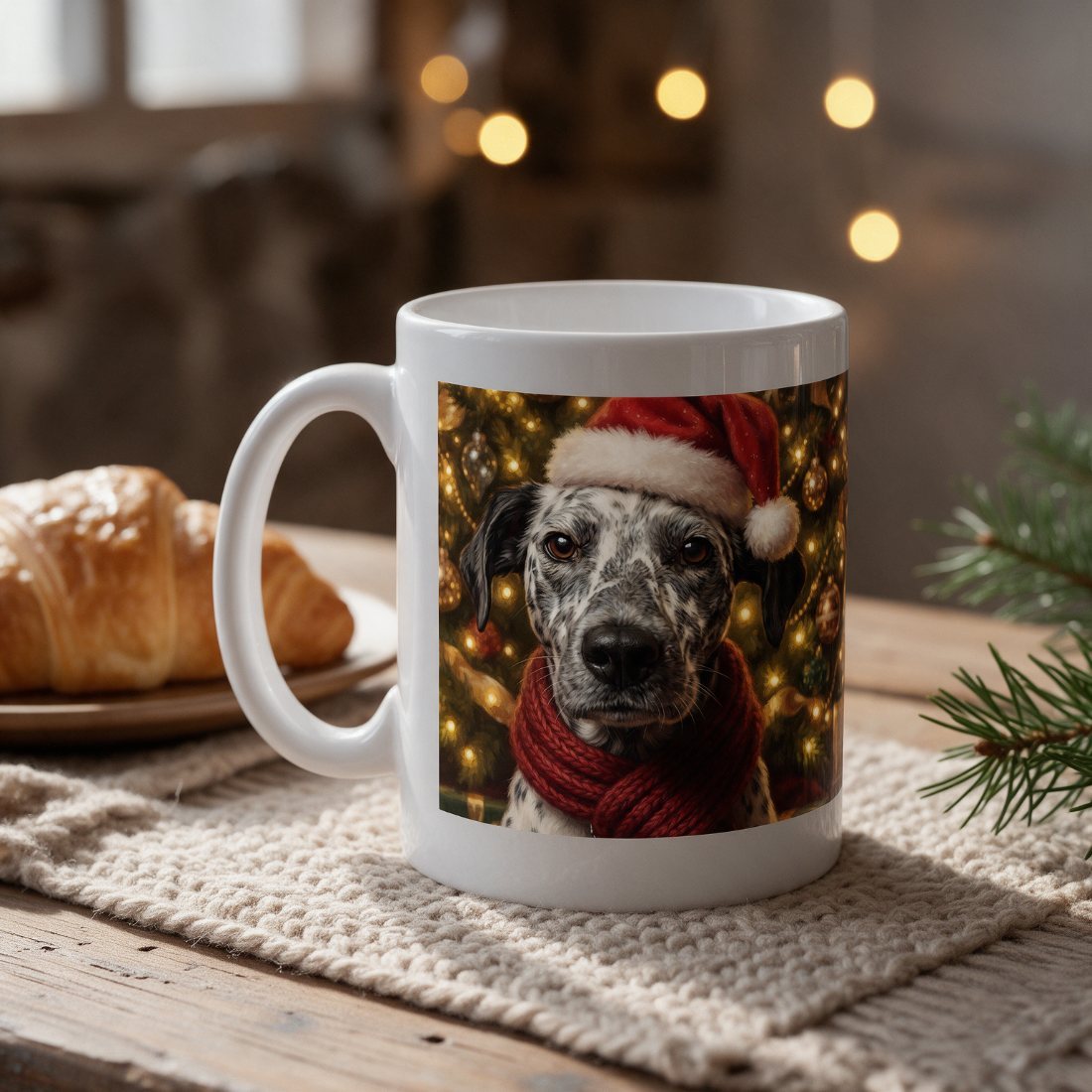 Ejemplo de taza con retrato navideño de perro (imagen ilustrativa creada con IA)