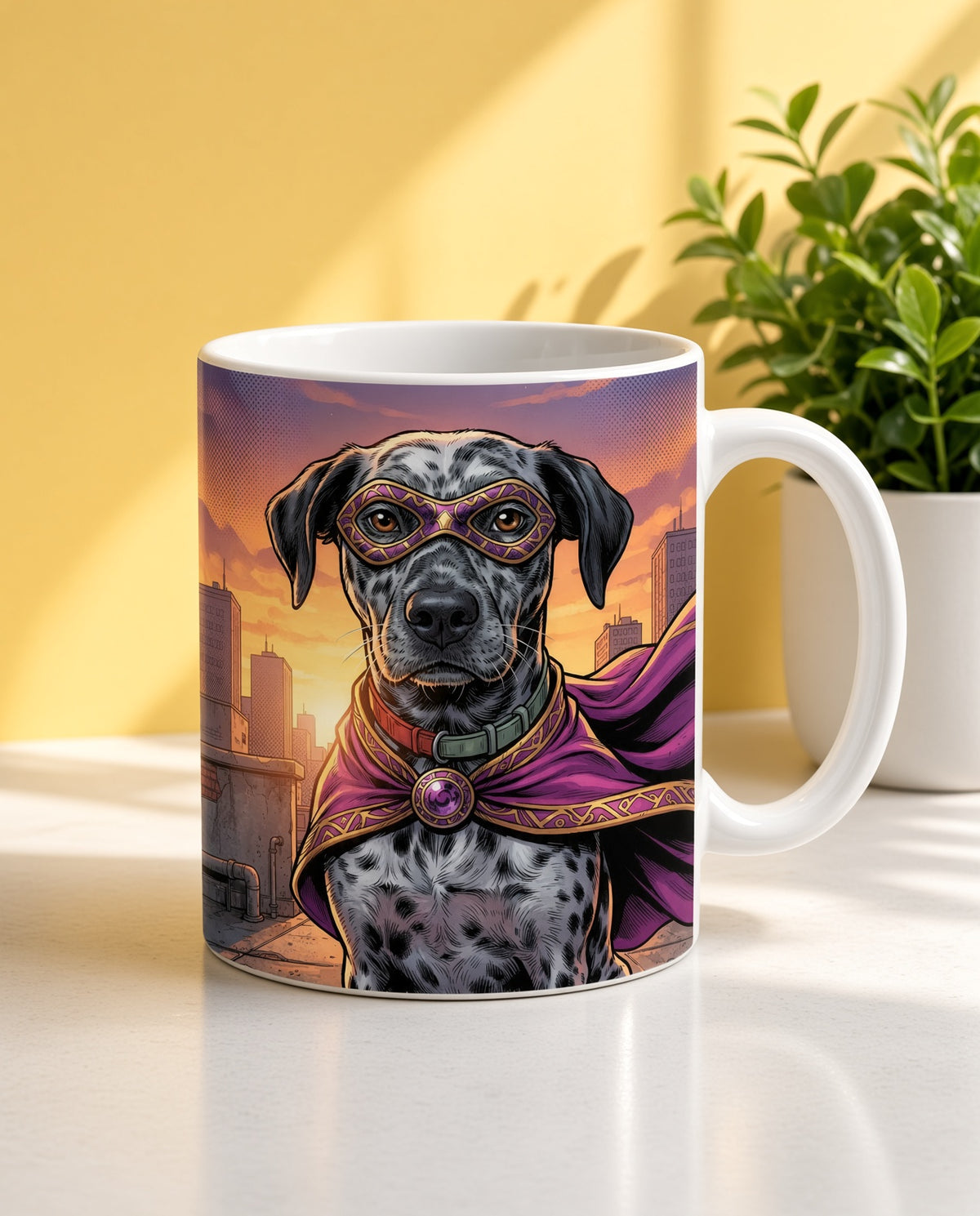 Ejemplo de taza con retrato de perro estilo superhéroe (imagen ilustrativa creada con IA)