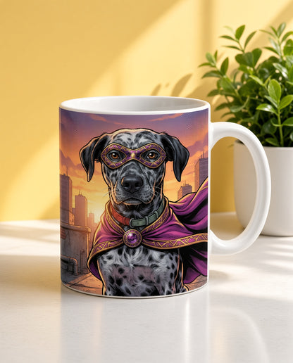 Ejemplo de taza con retrato de perro estilo superhéroe (imagen ilustrativa creada con IA)