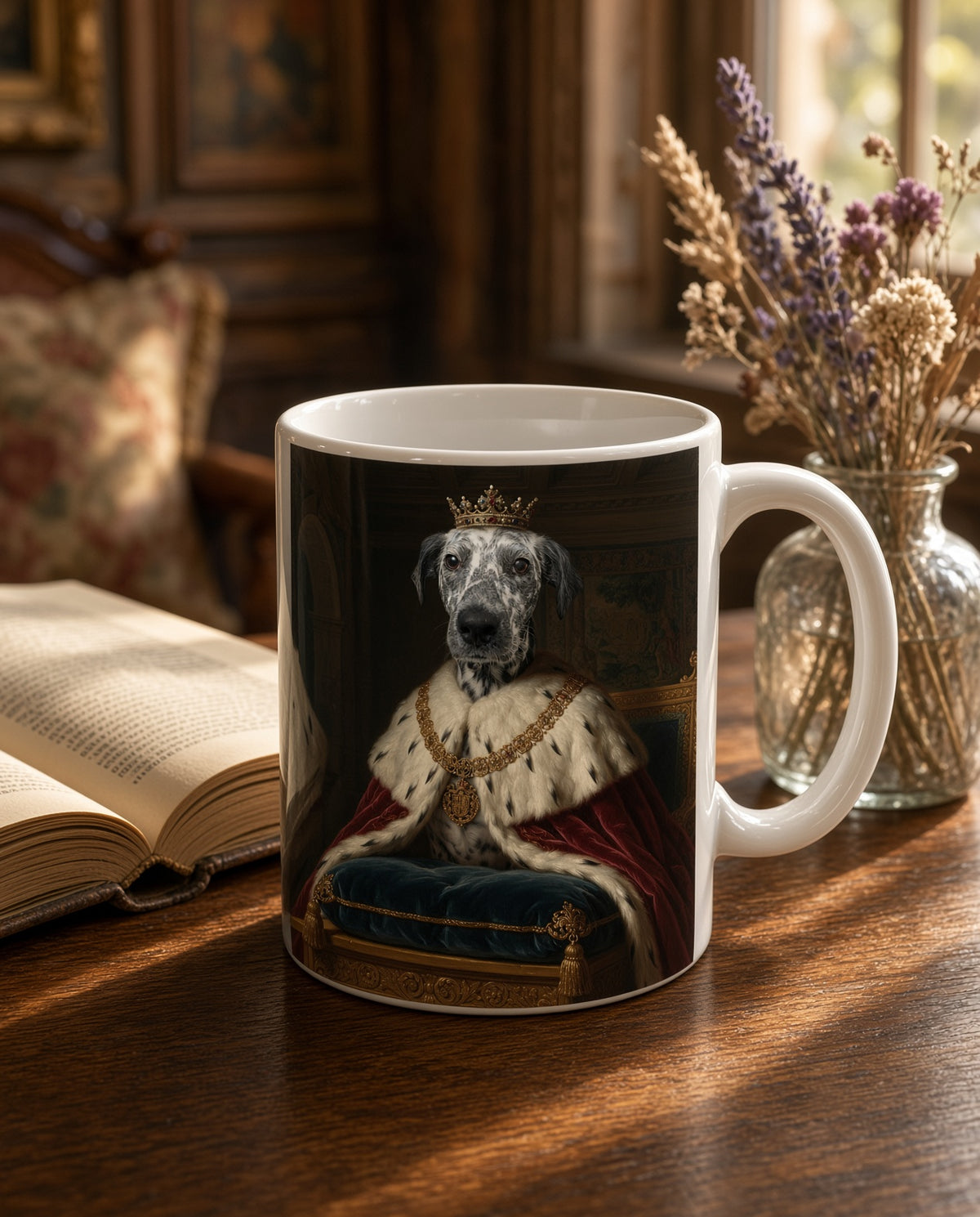 Ejemplo de taza con retrato de perro estilo realeza (imagen ilustrativa creada con IA)